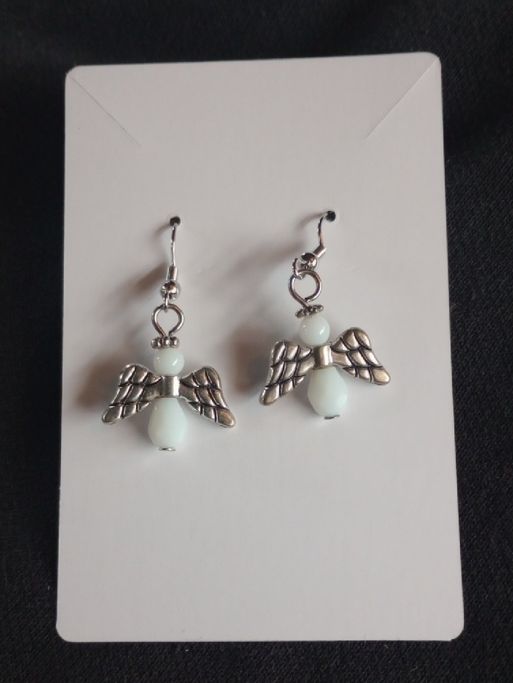 Hand Crafted Silver Angel Wing Earrings with White Beads